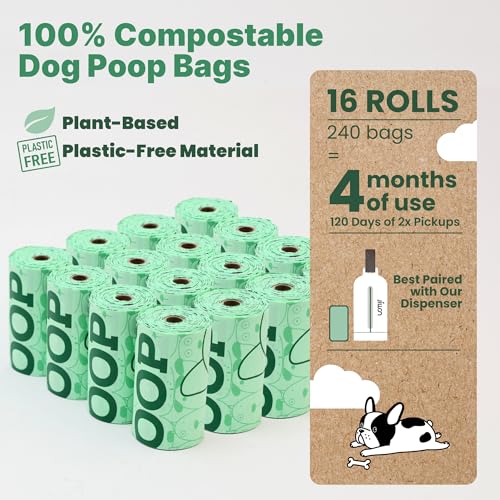 JIWON 100% Certified Home Compostable Dog Poop Bags, 240 Count (16 Rolls), 9"x13", OK Compost & Seedling, Thick & Leakproof, Plant Based Compostable Waste Bags, Unscented - style: 240 Bags