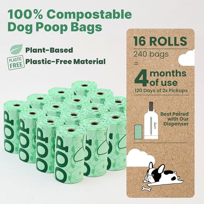 JIWON 100% Certified Home Compostable Dog Poop Bags, 240 Count (16 Rolls), 9"x13", OK Compost & Seedling, Thick & Leakproof, Plant Based Compostable Waste Bags, Unscented - style: 240 Bags