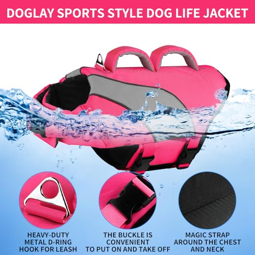 Doglay Dog Life Vest, Dog Life Jacket with Double Rescue Handles and Reflective Stripes, Adjustable High Visibility Swimming Safety Vest, Pet Life Preserver Lifesaver for Small Medium Large Dogs - color: Pink+Gray, size: L :19.7"-29.5" (Ribcage Girth)- Do