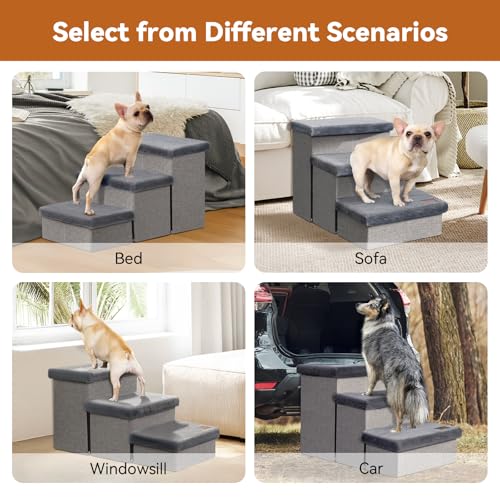 Zerbuger Dog Stairs with Furry Lids 18" H, 3-Step Wider Dog Steps with Storage for Small/Medium/Large Old Dogs Cats, Folding Sturdy Pet Stairs Climbing Bed Couch, Ramp for Car Hold Up to 200 lbs, Grey