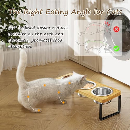 Elevated Cat Bowls with 3 Stainless Steel Bowls | 10° Tilted Anti-Vomiting Raised Cat Food Bowl for Small Cats and Puppies Pet Bowl with Stand - color: Bamboo