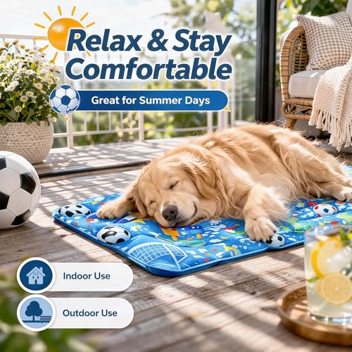 Dog Cooling Mat, Water-Activated Gel Ice Pad for Dogs&Cats, Self-Cooling Mat Soccer Fan Dog Gifts, Waterproof Wipe-Clean, Soccer-Themed Summer Beds for Outdoor&Indoor Medium/Small Pets - size: Medium：19.7”×23.6”