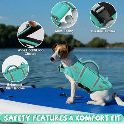 EMUST Dog Life Vests, Adjustable XS Dog Life Jacket with Rescue Handle, Puppy Flotation Vest for Small/Medium/Large Dogs, XS, Turquoise - color: Turquoise, size: XS