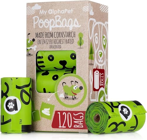 Compostable Dog Poop Bags, Cornstarch Eco-Friendly, HOME COMPOST NF T 51-800, 120 Count, Large Size Bag 9x13 Inches, 8 Unscented Refill Rolls, Leak-proof, Plantbased, GM-Free Corn - color: Unscented Green, size: 1 Count (Pack of 120)