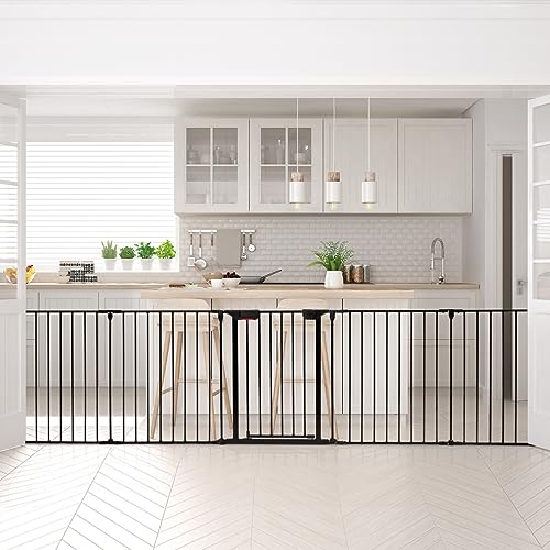 Costzon Baby Safety Gate, 121 Inch Length 5 Panel Adjustable Wide Fireplace Fence, BBQ Metal Fire Screen Gate, Pet Isolation Fence with Walk-Through Door, Freestanding Pets Gate - color: Black, size: 5-Panel
