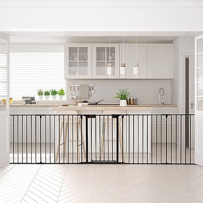 Costzon Baby Safety Gate, 121 Inch Length 5 Panel Adjustable Wide Fireplace Fence, BBQ Metal Fire Screen Gate, Pet Isolation Fence with Walk-Through Door, Freestanding Pets Gate - color: Black, size: 5-Panel