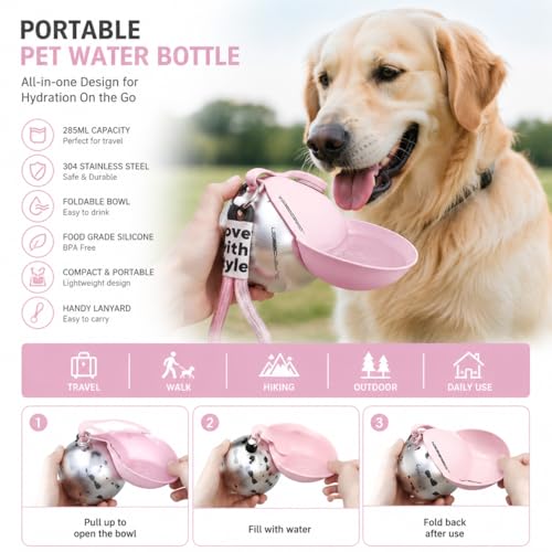 Portable Dog Water Bottle 10oz – Stainless Steel Travel Puppy Water Dispenser with No-Spill Bowl for Walking Hiking Small Dogs Outdoor (Pink) - color: Pink