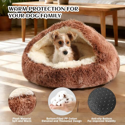 NOYAL Round Hooded Donut Dog Bed for Small & Medium Pets - Plush Fluffy Anti-Anxiety Cat Cave Bed with Cover - color: Bandhnu Coffee, size: Medium 23.6''