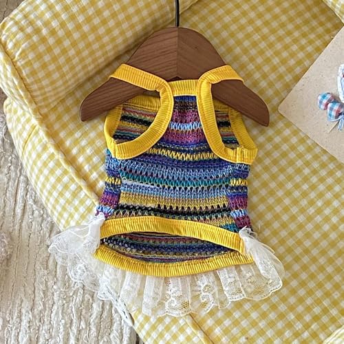 Dog Sling Tank Top with Tulle Skirt, Colorful Striped Pet T-Shirt(Yellow, Medium) - color: Yellow, size: Medium