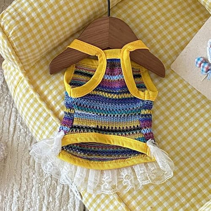 Dog Sling Tank Top with Tulle Skirt, Colorful Striped Pet T-Shirt (Yellow, Large) - color: Yellow, size: Large