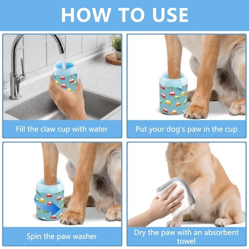 Cars Blue Print Dog Paw Cleaner Cup with Soft Silicone Brush, Lightweight Small Portable Muddy Paw Washer for Dogs, Easy to Use Pet Foot Cleaner