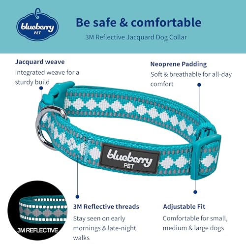 Blueberry Pet 3 Colors 3M Reflective Jacquard Neoprene Padded Adjustable Dog Collar, Peacock - color: Polyester Buckle- Peacock, size: Small