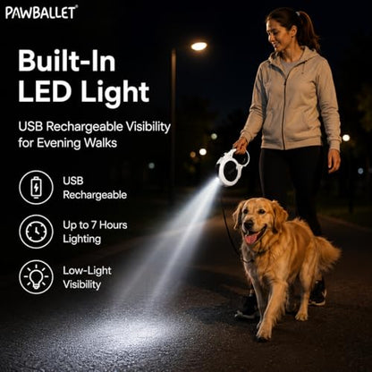 Paw Ballet Retractable Dog Leash with USB Rechargeable LED Light, Reflective Tape, One-Button Brake & Lock, Smooth Retraction System, Comfortable Non-Slip Handle for Small and Medium Dogs