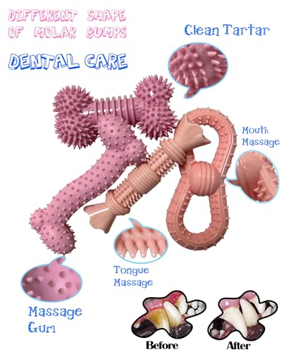 4 Pack Teething Toys Dog Durable Chew Toys Soft Rubber Toy Dog Teeth Cleaning Toothbrush Toy Cute Interactive Toys for Medium Large Breed(Medium,Pink)
