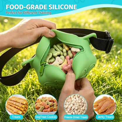 Dog Treat Pouch with Training Clicker and 2 Poop Bags, 1.8 Cup Small Sealable Zipper Silicone Fanny Pack with Waist Belt, Pet Puppy Training & Walking Essentials (Green) - color: Green