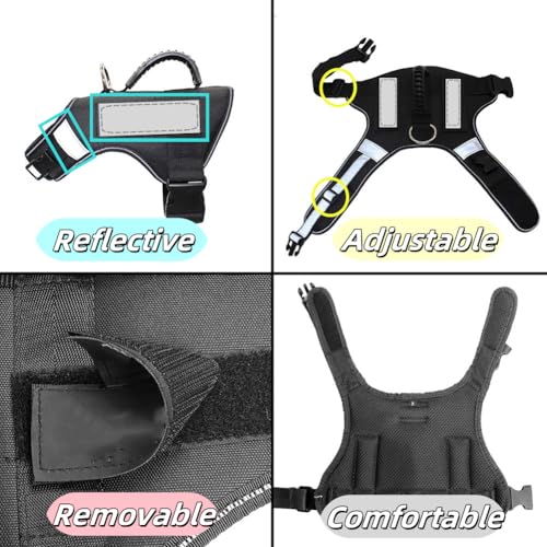 Dog Harness with Handle - No Pull Heavy Duty Dog Harness Reflective Vest for Medium Sized Dogs Tactical Training Walking, Easy Walk Harness Adjustable Removable Service Harnesses, L Black - color: Black, size: L
