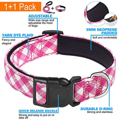 Ladoogo Reflective Dog Collar Padded with Soft Neoprene Breathable Adjustable Nylon Dog Collars for Small Medium Large Dogs (Small (Pack of 1), Pink Plaid Collar+Leash) - color: Pink Plaid Collar+Leash, size: Small (Pack of 1)