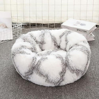 Calming Dog Bed for Small Dogs, Calming Donut Cuddler Pet Bed Anti Anxiety Round Dog Bed Fluffy Plush Faux Fur Cat Bed,Grey+White,19.7IN - color: Grey+white, size: 19.7IN