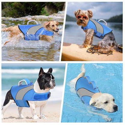 Doglay Dog Life Vest, Dog Life Jacket with Double Rescue Handles and Reflective Stripes, Adjustable High Visibility Swimming Safety Vest, Pet Life Preserver Lifesaver for Small Medium Large Dogs - color: Blue+Gray, size: Xl :27.6"-38.6" (Ribcage Girth)- D