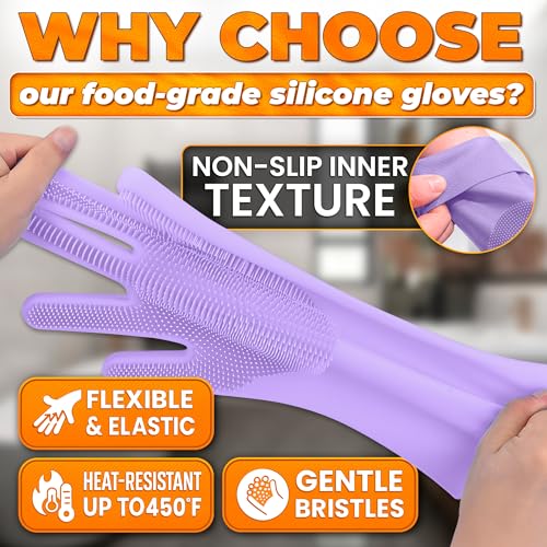 Silicone Dish Gloves with Scrubbers – Thick Tear-Resistant Dishwashing Gloves for Washing Dishes, Kitchen Cleaning, Bathroom Scrubbing & Daily Chores – Durable, Reusable Multi-Purpose Design - color: Purple