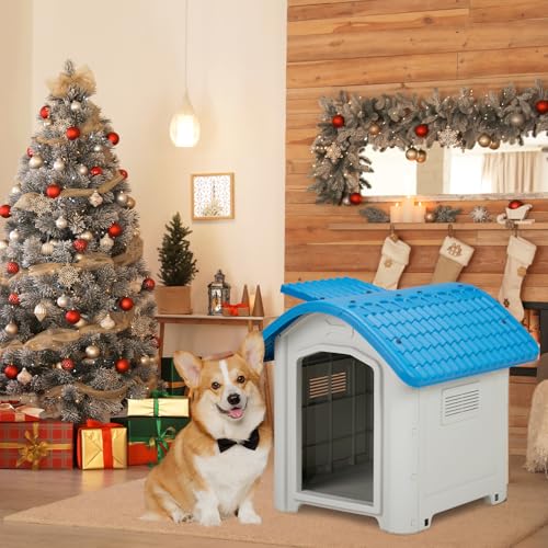 28 inch Raised Plastic Dog House, Outdoor Indoor Doghouse with Adjustable Sunroof and Elevated Base, Water Resistant Pet House Animal Puppy Shelter Kennel for Small Medium Dogs, Blue & White