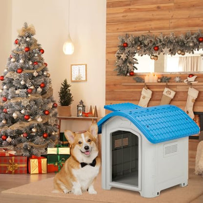 28 inch Raised Plastic Dog House, Outdoor Indoor Doghouse with Adjustable Sunroof and Elevated Base, Water Resistant Pet House Animal Puppy Shelter Kennel for Small Medium Dogs, Blue & White