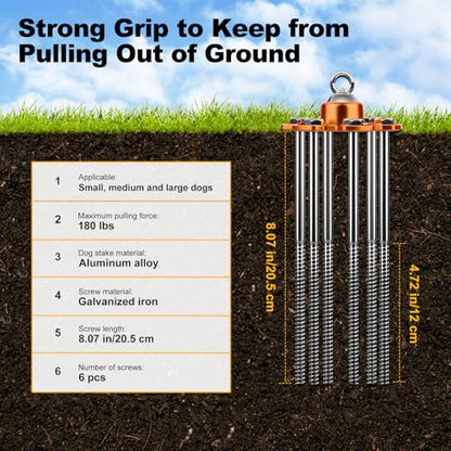Dog Tie Out Stake, 360° Swivel Stake No Tangle, Heavy Duty Tether for Yard (No Cable) with 6 Strong Screw Anchors Hold up to 180 lbs of Pull Force, Dog Runner for Outside Camping Yard, Orange - style: Only Dog Stake