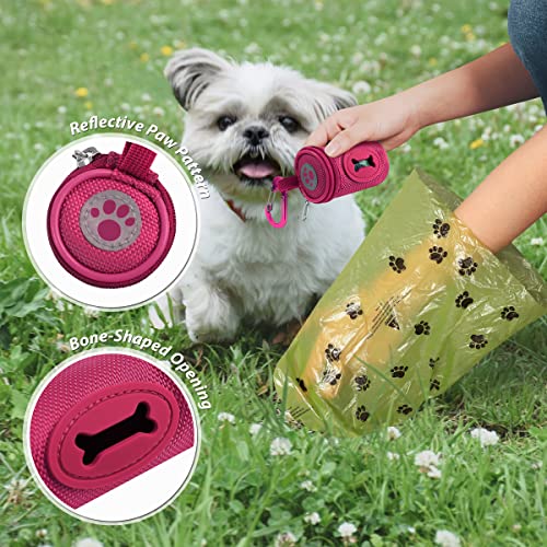 FURHAB Dog Poop Bag Holder for Leash Doggie Waste Bag Dispenser Soft Fabric Puppy Potty Carrier Small Doggy Zipper Pouch with Carabiner Clip 1680D Nylon Oxford with 1 Roll of Pet Trash Bags, Rose Red - color: Rose Red