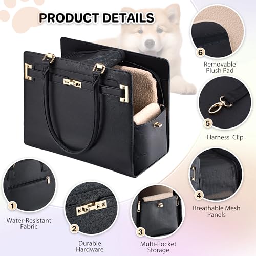 Dog Purse Carrier for Small Dogs, Stylish Foldable Pet Carrier Purse Tote Bag with Washable Cushion & Safety Leash, Airline Approved Puppy Travel Bag with Pockets (Black) - color: Black