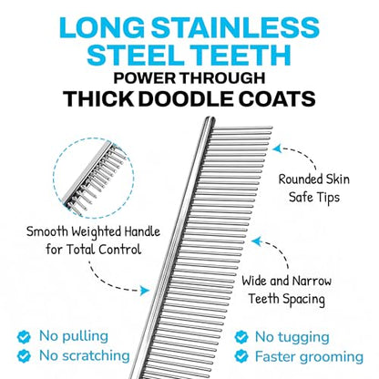 The Doodle Brush Grooming Kit, Slicker Dog Brush and Finishing Comb Set, Detangler & Dematting Grooming Tools for Dogs, Extra Long Pin Slicker & Metal Comb for Goldendoodle, Cockapoo, Cavapoo, Poodle