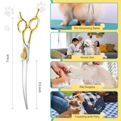 7 Inch Curved Dog Grooming Scissors Made Of 440C Stainless Steel Professional Downward Curved Pet Face Trimming Shears with Jewelled Screw, Sharp & Comfortable for Groomers - style: Gold Down-curved