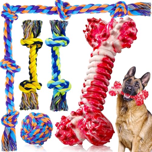 SHARLOVY Dog Chew Toys for Aggressive Chewers, 5 Pack Indestructible Dog Toys for Large Breed, Cotton Rope Toys, Tough Bone Chew for Aggressive Chewers Large Breed - color: 5 Packs, size: Large