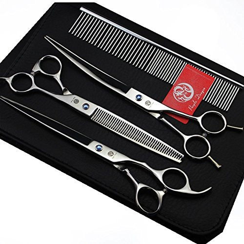 Purple Dragon 8 inch 3 in 1 Professional Pet Grooming Thinning Scissors - Upward Curved Shears and Dog Hair Cutting Scissor - Perfect for Pet Groomer or Family DIY Use (Silver) - color: Silver