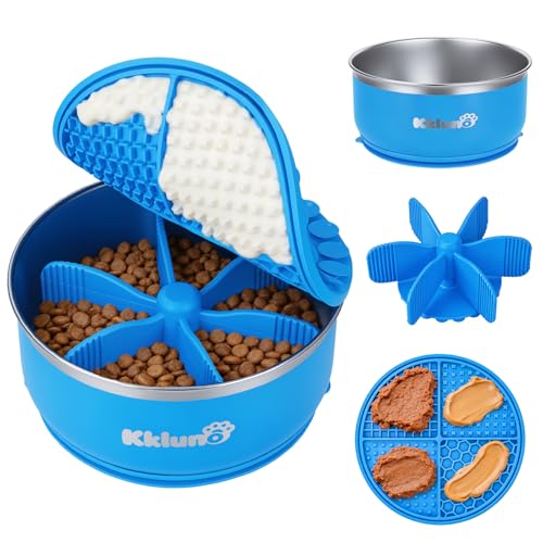 Slow Feeder Insert Bowl - 3 in 1 Stainless Steel Dog Food and Water Bowl 64oz with Lick Mat, Non-Slip Suction Cup Dog Food Bowl Puzzle Maze Slows Down Eating for Dogs Cats