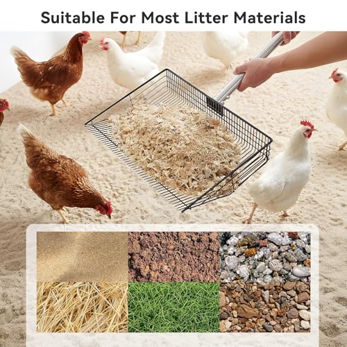 AiQInu 2-in-1 Chicken Poop Scooper & Rake, Adjustable Stainless Steel Poop Scoop with 24"-90" Long Handle, Sifting Shovel for Chicken Coop, Goat Stall & Stable Cleaning