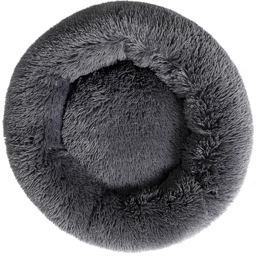 Cat Bed Plush Donut Dog Bed Fluffy Calming Pet Bed Dog Round Bed Cat Round Bed Warm Kitten Nest Rabbit Cave Kitten Bed Ideal for Small 3KG Pet - color: Dark Gray, size: 35CM