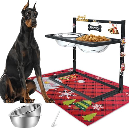 SHAINFUN Christmas Elevated Dog Bowls for Large Breeds with Mat, Adjustable Height, Tall Raised Dog Food Water Bowl Stand Gift for Dogs - size: X-large dogs with Christmas Mat