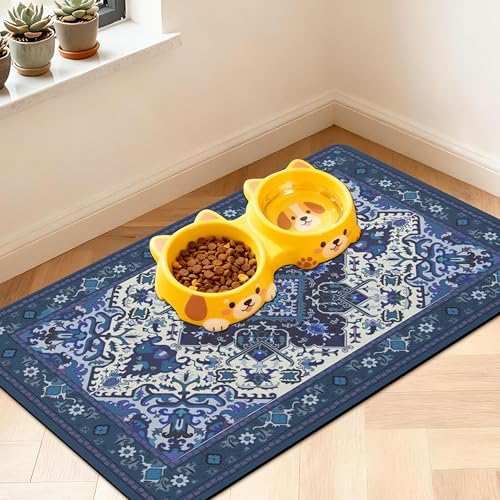 Pet Feeding Mat for Floors Cat Food Mat Waterproof Dog Food Mat and Water Absorbent Quick Dry Non Slip Mat for Cat Bowls - color: BlueBoho, size: 20"L x 12"W