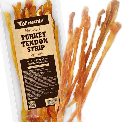 A Freschi srl Turkey Tendons for Dogs, USA-Sourced Human Grade, Rawhide-Free Long-Lasting Puppy Chews, All Natural Hypoallergenic Dog Treats for Small Breeds, Strips, 3oz Pack - size: 3 Ounce (Pack of 1)