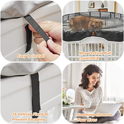 PJYuCien Dog Playpen Mesh Top Cover, Fits 36 Inch 6 Panels Regular Hexagonal Plastic Exercise Pet Pen, Adhesive Tape Connections, Black (Note: Cover Only, Fence Not Included) | More Peace of Mind, More Safe, and Reduce Mess, Suitable for Puppy, Duck, and