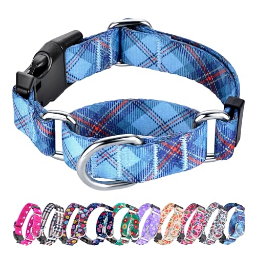 Hikiko Dog Collar for Small Medium Large Dogs, Adjustable Nylon Martingale Collars with Quick Release Buckle (Blue Plaid,M) - color: Blue Plaid, size: Medium