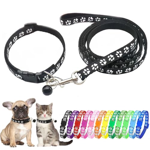 Black Bell Collar for Small Dogs, Puppy Collar and Leash Set Pawprint XSmall Dog Collar Adjustable Kitten Collar with Bell for Tiny Little XXS XS Extra Small Breed Pets Dogs Cats Girls Boys - color: Black