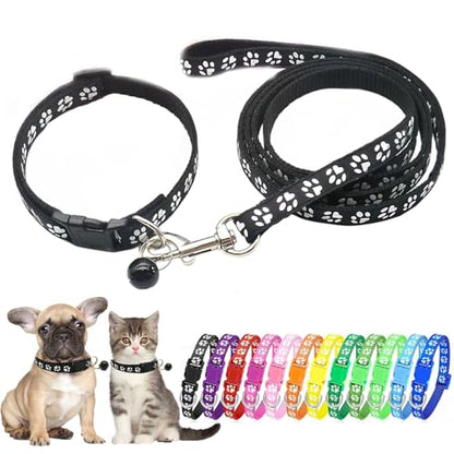 Black Bell Collar for Small Dogs, Puppy Collar and Leash Set Pawprint XSmall Dog Collar Adjustable Kitten Collar with Bell for Tiny Little XXS XS Extra Small Breed Pets Dogs Cats Girls Boys - color: Black