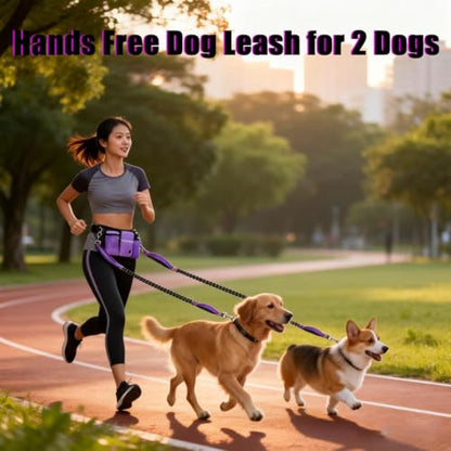 Hands Free Dog Leash for 2 Dogs, Adjustable Waist Belt, Reflective Stitching Leash with Double Padded Handles for Running, Hiking - color: Purple - 2 leash