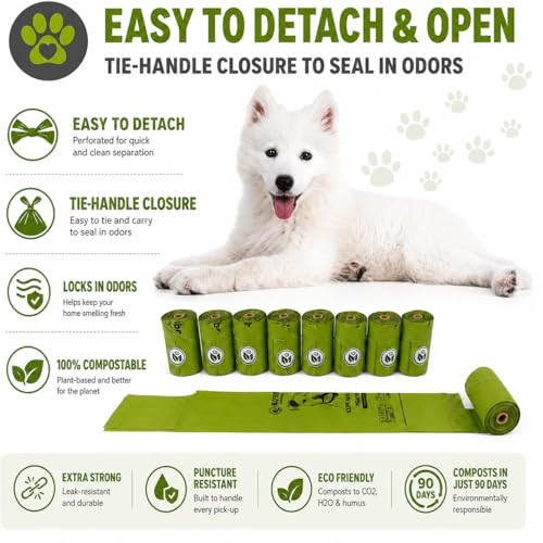 100% Compostable Handle-Tie Doggy Poop Bags (240 Bags) 16 Refill Rolls Plant-Based Cornstarch ASTM D6400 & EN 13432 Compliant HOME Certiified Compostabel Pet Dog Waste Bags (240 ct.)