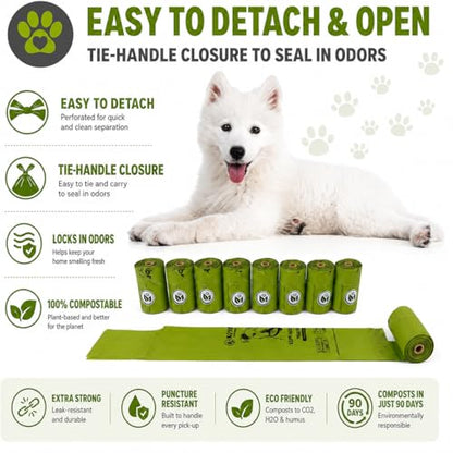 100% Compostable Handle-Tie Doggy Poop Bags (240 Bags) 16 Refill Rolls Plant-Based Cornstarch ASTM D6400 & EN 13432 Compliant HOME Certiified Compostabel Pet Dog Waste Bags (240 ct.)