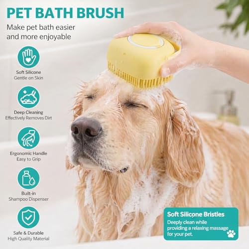 Soft Silicone Pet Bath Massage Brush for Dogs & Cats, Gentle Grooming Cleaning Tool for Puppy Kitten Washing, yellow - color: Yellow