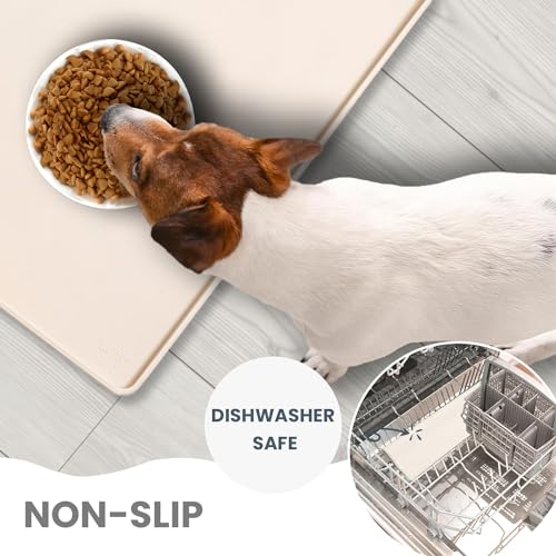 WePet Non-Slip Waterproof Pet Feeding Mat, 20x12 Inch - Silicone Dog & Cat Food Mat with Raised Edge to Stop Food Spills and Water Spills - Dishwasher Safe, Easy Clean - color: #08 Beige Solid