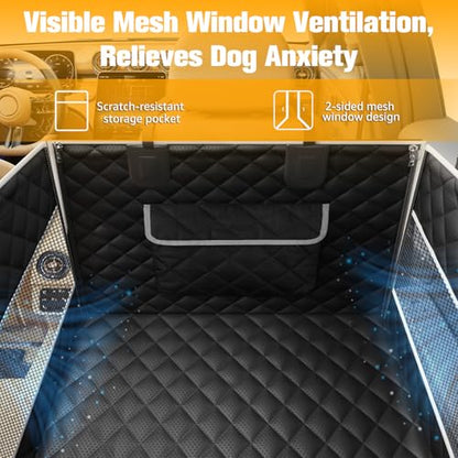 PETICON Dog Car Seat for Large Medium Dogs, One-Piece Hard Bottom Back Seat Extender for Dogs with 2 Mesh Windows, Waterproof Pet Carseat with Storage Pocket for Cars, SUVs and Trucks - size: L