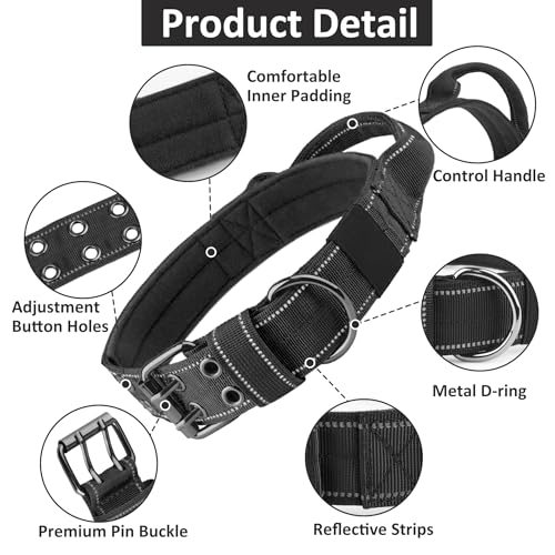 Tactical Dog Collar with Control Handle, Military Adjustable Pet Collar Reflective Heavy Metal Buckle Dog Collar, Soft Nylon Training Collar for Medium Large Dogs (Black, X-Large) - color: Black, size: X-Large
